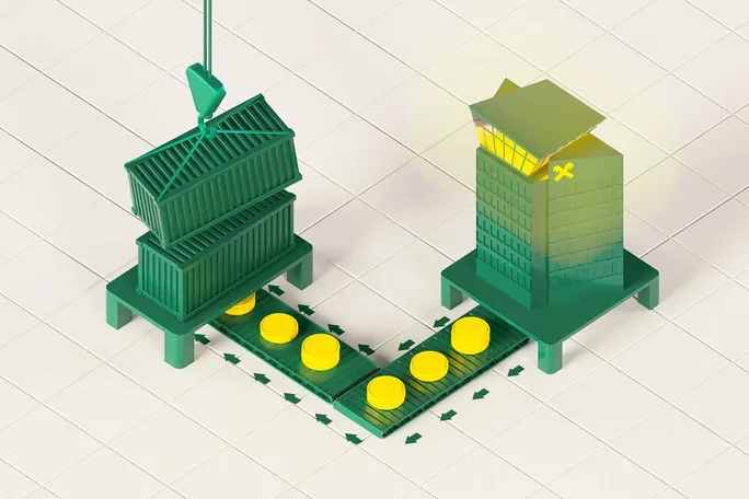 Kreative Illustration mit grünen Frachtcontainern und einem modernen Bürogebäude, verbunden durch ein Förderband mit Goldmünzen – symbolisiert globalen Handel, Logistik und Finanztransaktionen.