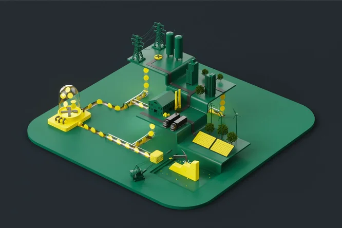3D-Illustration zum Thema Nachhaltigkeit, Solarenergie, Pflanzen, Energie etc. und Raiffeisen-Logo, Projekt- und Strukturierte Finanzierung