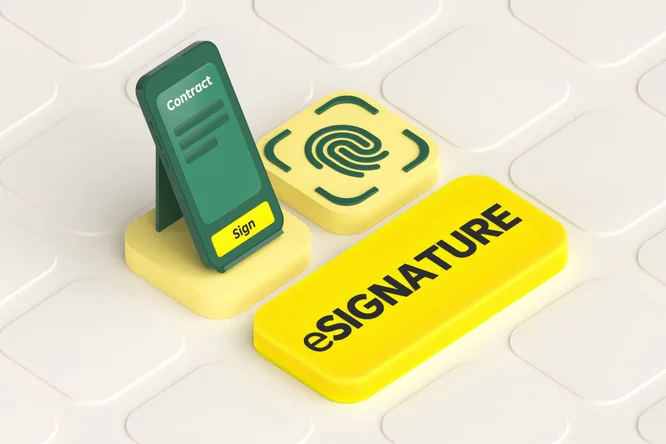 3D-Illustration mit einem digitalen Vertrag auf einem Gerät, einem Fingerabdrucksymbol und einem auffälligen „eSIGNATURE“-Button – steht für sichere elektronische Signaturlösungen für Online-Vereinbarungen.
