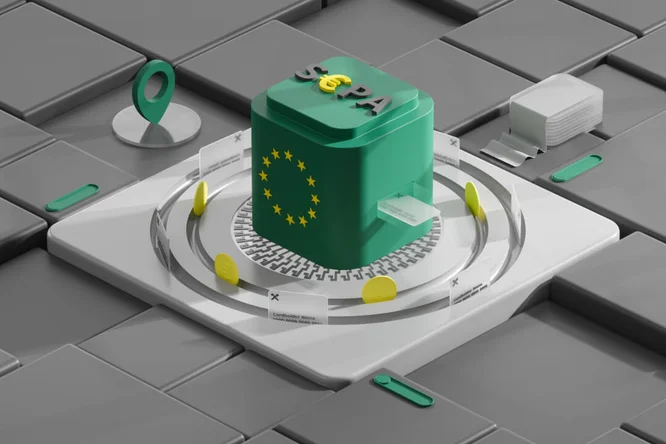 Eine 3D-Darstellung des SEPA-Zahlungssystems, die die Europäische Union und die Transaktionselemente hervorhebt.