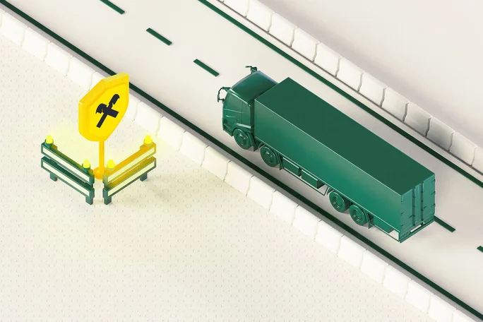 3D-Illustration eines grünen Lastwagens, der auf einer Straße in der Nähe eines gelben Straßenwartungsschilds und von Sicherheitsbarrieren fährt, die die Verkehrsinfrastruktur und die Sicherheit bei Straßenarbeiten symbolisieren.