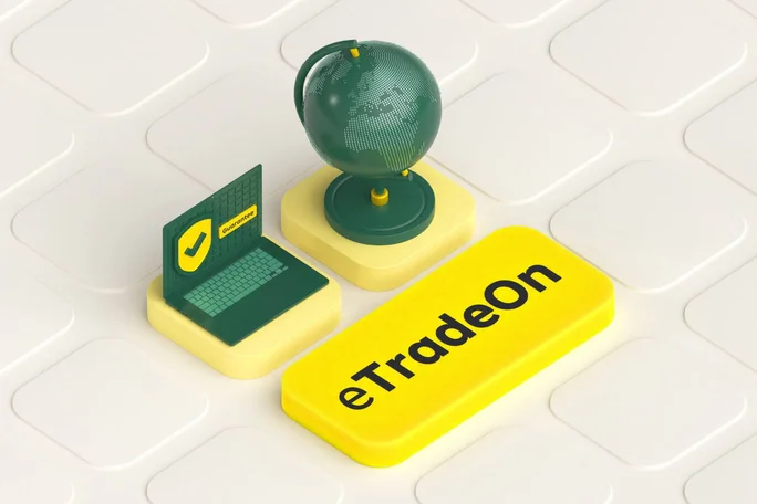 3D-Illustration mit einem Laptop, einem Garantiesiegel, einer Weltkugel und einem auffälligen „eTradeOn“-Button – steht für sichere und zuverlässige internationale E-Commerce-Lösungen.