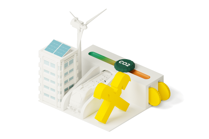 Eine digitale Illustration mit einer Windturbine, Solarmodulen auf einem Gebäude und einem CO2-Emissionsmesser, die saubere Energie und Umweltverantwortung symbolisieren.