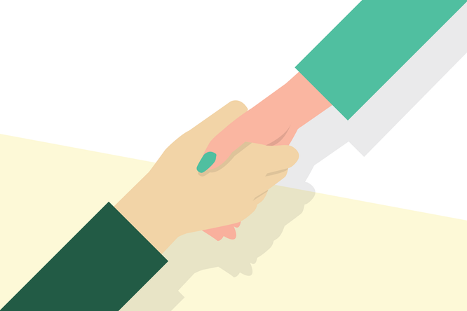 Eine Illustration zeigt zwei gefaltete Hände, die Unterstützung und Verbundenheit symbolisieren. Die Hände sind minimalistisch und in kräftigen Farben gezeichnet, eine trägt einen grünen Ärmel, die andere ist nackt. Der Hintergrund ist ein klarer, heller Farbverlauf, der die Einfachheit und den Fokus auf die Geste unterstreicht.