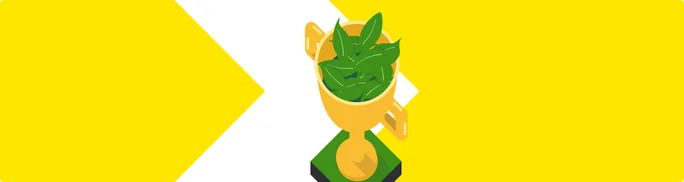 An illustrated golden trophy cup is filled with bright green leaves, suggesting an eco-friendly or sustainability theme. The trophy stands on a small dark green base, centered toward the right side of the image. A bold yellow background with a large white arrow shape adds dynamic contrast and direction. The overall style is flat, modern, and minimalistic.