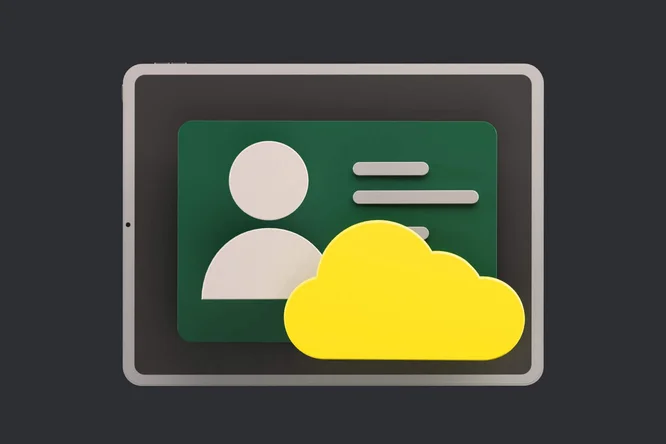 Dieses Bild zeigt eine digitale Benutzerprofil-Oberfläche auf einem Tablet mit Silhouetten-Icon und Textfeldern sowie einem auffälligen gelben Wolkensymbol – steht für Cloud-Speicherung und Verwaltung von Nutzerdaten.