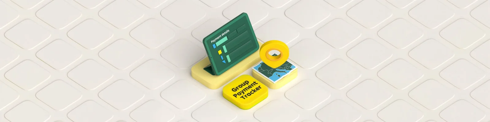 Isometric illustration shows a green digital dashboard screen with simple interface elements standing on a pale platform. Next to it is a yellow circular token and a small card featuring a mountain icon. A yellow rectangular block in the foreground contains the visible text “GOOD TOKEN TRADING.” The background is a light, geometric tile pattern that keeps the focus on the central 3D objects.