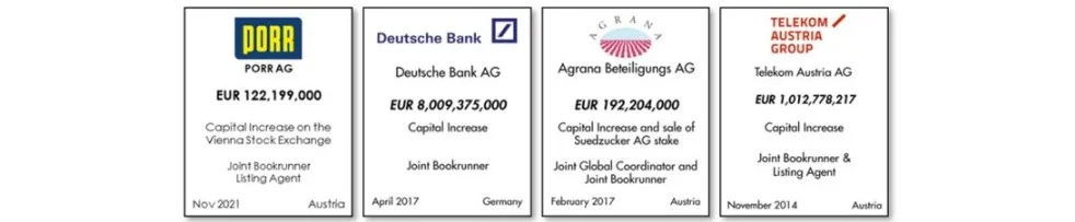 Bezugsrechtsemissionen – Zusammenfassung aktueller Kapitalerhöhungen mit Angaben zu Unternehmensnamen, Emissionsvolumen, Angebotsarten und relevanten Terminen, darunter PORR AG, Deutsche Bank AG, Agrana Beteiligungs AG und Telekom Austria Group.