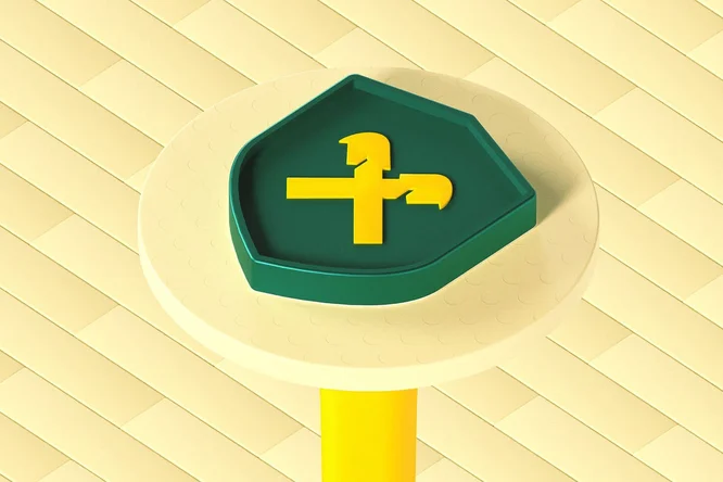 Grünes, schildförmiges Emblem mit einem kräftigen gelben Giebelkreuz der Raiffeisenbank, das für Sicherheit und Vertrauen in moderne Bank- oder Finanzdienstleistungen steht.