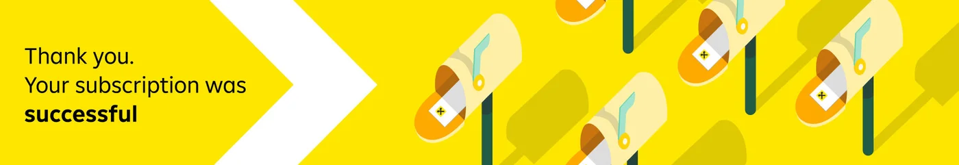 A row of yellow sandals displayed against a bright yellow background. The text 'Thank you. Your subscription was successful' is prominently visible. The design features a clean and modern aesthetic with bold colors and minimalistic visuals.