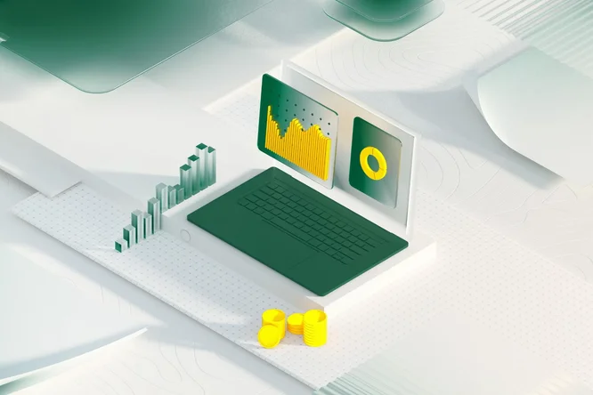 Dieses Bild zeigt einen modernen Arbeitsplatz mit einem Laptop, auf dem grafische Datenvisualisierungen, darunter Balken- und Kreisdiagramme, angezeigt werden, neben gelben Münzen, die die Integration von Datenanalysen in die finanzielle Entscheidungsfindung symbolisieren.