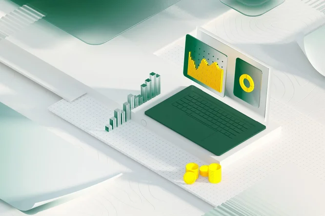 Ein moderner Arbeitsplatz mit einem Laptop, auf dem Finanzdiagramme und -grafiken angezeigt werden, begleitet von gestapelten Goldmünzen und 3D-Balkendiagrammen, die Datenanalysen, Investitionen und Geschäftswachstum veranschaulichen.