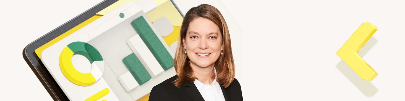 A professional woman in a black blazer smiling confidently with a digital chart in the background, representing the importance of real-time payment transparency in treasury operations.