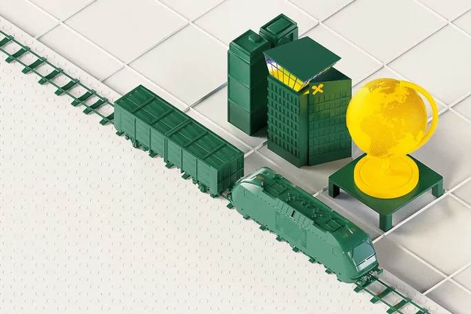 Konzeptuelle Illustration mit einem grünen Güterzug, modernen Bürogebäuden und einer gelben Weltkugel – steht für internationale Logistik, Finanzen und globale Geschäftsverbindungen.