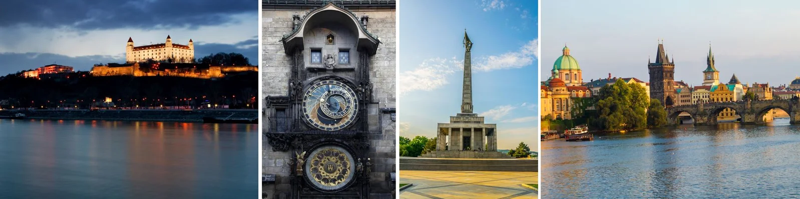 Eine Collage von vier ikonischen Wahrzeichen: Die beleuchtete Burg von Bratislava bei Nacht, die astronomische Uhr in Prag, das Slavin-Kriegsdenkmal in Bratislava und die Karlsbrücke über die Moldau in Prag.