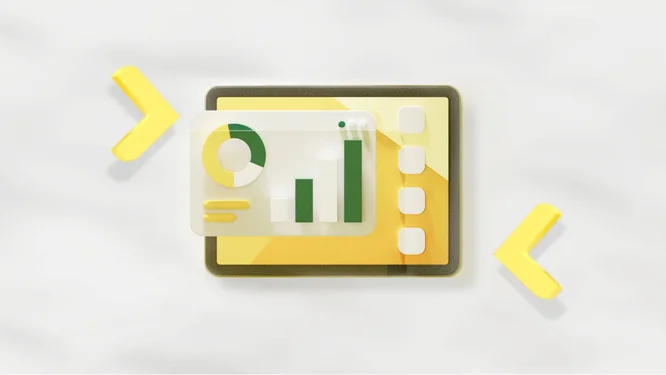 Grafische Illustration mit einem Tortendiagramm und einem Balkendiagramm auf gelbem Hintergrund. Das Design enthält nach außen zeigende Pfeile und symbolisiert Datenfluss.