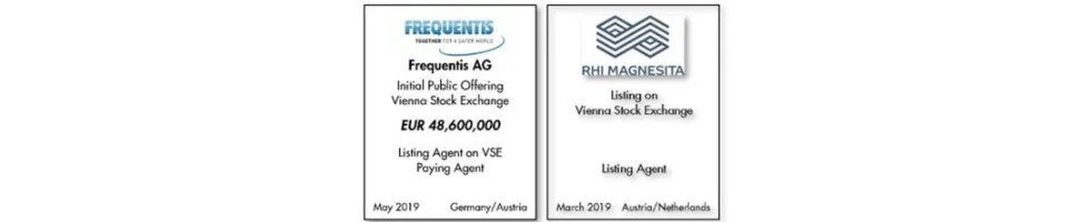 Zusammenfassung aktueller Listings und Angaben zu Zahlstellen, darunter Frequents AG mit einem Börsengang an der Wiener Börse und das Listing von RHI Magnesita, jeweils mit Angaben zu Beträgen und Rollen.