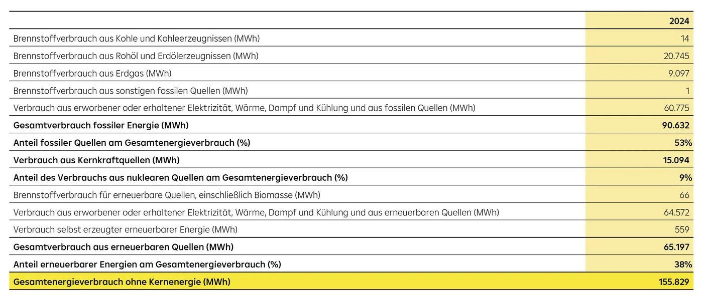 Tabelle mit verschiedenen Energieverbrauchsstatistiken, darunter fossile Brennstoffe, Kernenergie und erneuerbare Energien in MWh sowie Angaben zum Gesamtenergieverbrauch.