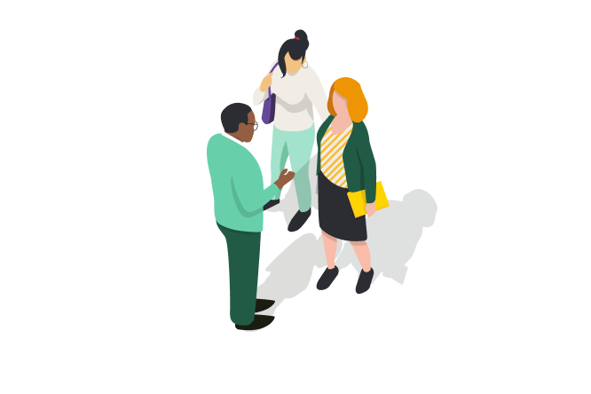 A vector illustration depicting three individuals engaged in conversation. The group includes a man and two women, representing diverse demographics, dressed in business casual attire. The setting is minimalistic with a white background, emphasizing the interaction. Shadows are visible beneath the figures, adding depth to the composition.