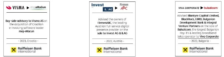 Zusammenfassung der Beratungsleistungen der Raiffeisen Bank International im Bereich Technologie und Digitalisierung, darunter Transaktionen wie die Übernahme des E-Invoicing-Software-Marktführers moj-eRačun durch Visma AS, der Verkauf von FirmenABC an Invest AG & ILAG sowie der Verkauf von Bulsatcom an Viva Corporate.