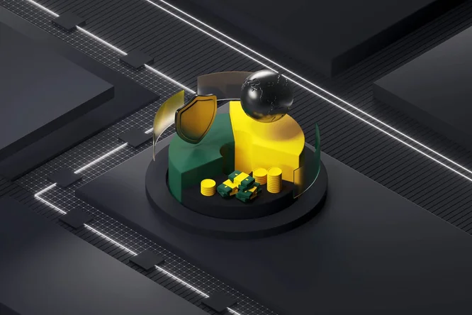 3D-Illustration für globale finanzielle Sicherheit mit Schild, Weltkugel, Tortendiagramm, Münzen und Geldscheinen – symbolisiert digitalen Schutz, sichere Transaktionen und internationales Finanzwesen.