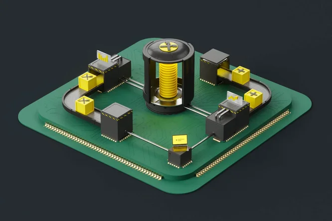 3D-Illustration eines automatisierten digitalen Systems mit Datenblöcken, die über Förderbänder zu einer zentralen Speichereinheit transportiert werden – symbolisiert fortschrittliche Datenverarbeitung, -speicherung und Technologieintegration.