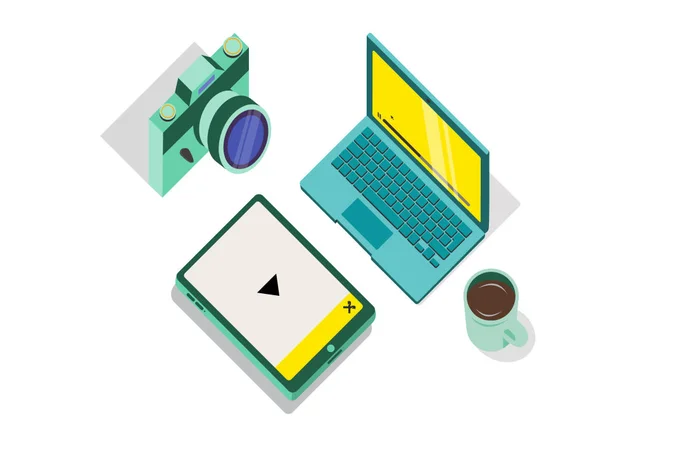Illustration eines digitalen Arbeitsplatzes mit Kamera, Laptop, Tablet und Kaffeetasse vor leuchtend gelbem Hintergrund – ideal für Fotografie und digitale Content-Erstellung.