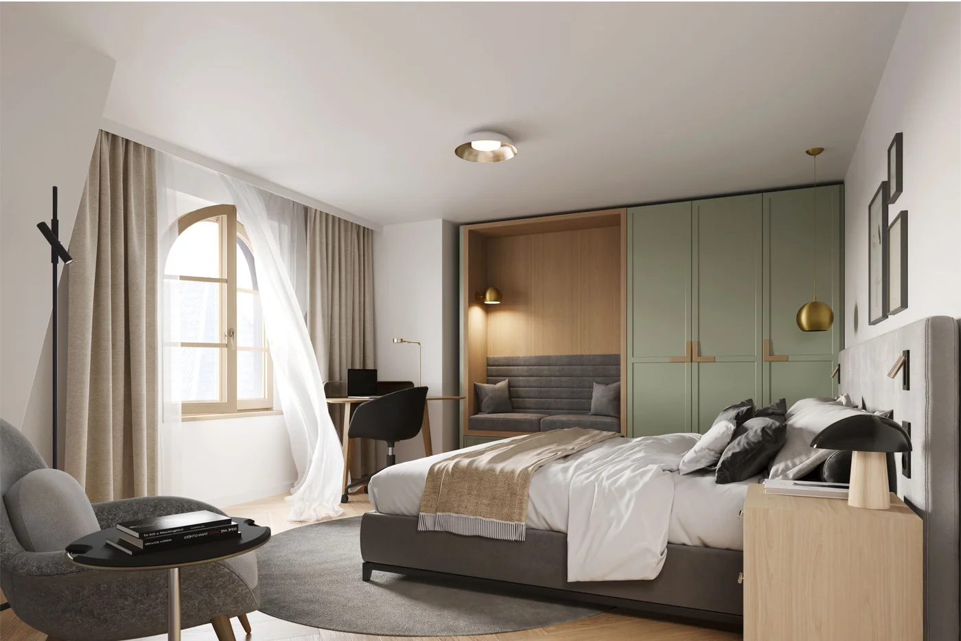 Ein stilvolles und modernes Schlafzimmer mit einem komfortablen Bett, einer gemütlichen Sitzecke und einem Arbeitsplatz. Der Raum ist mit sanften Vorhängen, warmem Licht und eleganten Möbeln ausgestattet, was eine einladende Atmosphäre schafft.