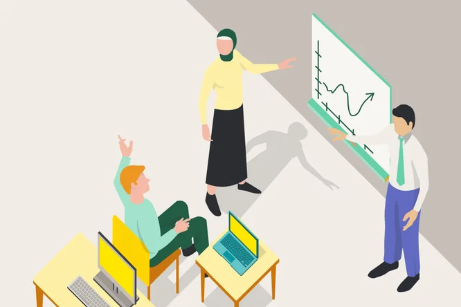 An engaging illustration of a diverse group engaged in a presentation, fostering teamwork, communication, and shared learning experiences.