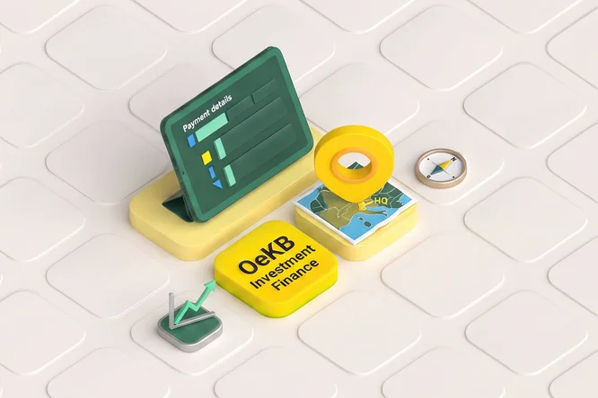 Isometric illustration shows a green digital dashboard labeled "Payment details" alongside various financial and navigation icons. A yellow block clearly displays the text "OeKB Investment Finance" next to a stylized map marked "HQ" with a location pin. Additional elements include a compass, a chart with an upward arrow, and geometric tiles forming a clean, minimal background. The overall scene suggests modern financial services, investment management, and location-based business operations.