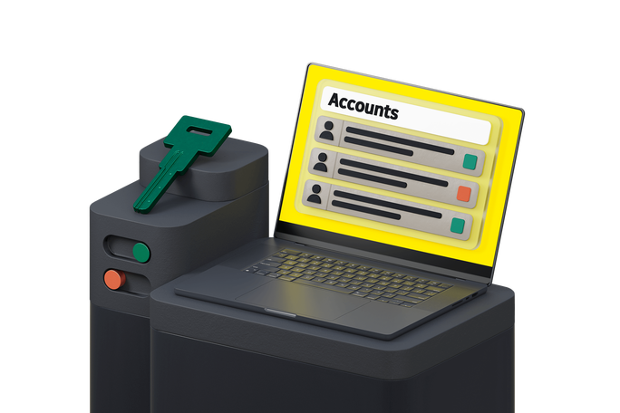 Eine 3D-Illustration, die einen Laptop mit einer Kontoverwaltungsschnittstelle zeigt, begleitet von einem Schlüssel, der Sicherheit und Zugriffskontrolle in digitalen Umgebungen symbolisiert.
