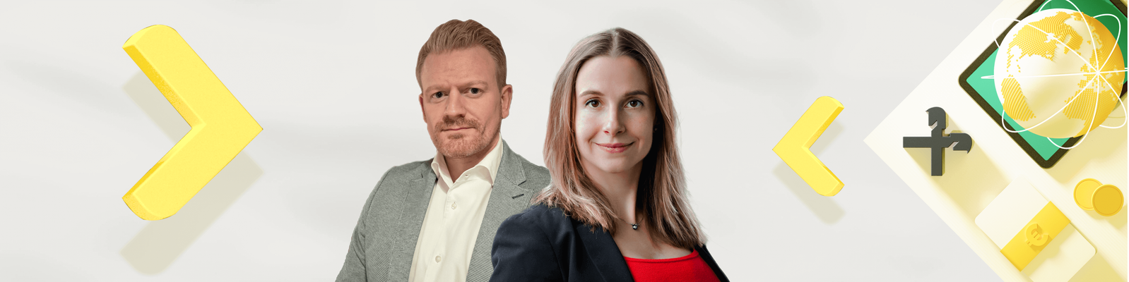 Ein professionelles Business-Team steht selbstbewusst, umgeben von globalen Finanzsymbolen wie Globus, Währungssymbolen und einem Tablet – betont internationale Geschäftskompetenz und Finanzexpertise.