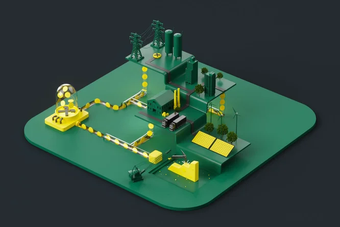 3D-Illustration eines intelligenten Energienetzwerks mit erneuerbaren Energiequellen, Fabriken, Transport und digitalem Währungsfluss, das die Integration von Technologie in nachhaltige industrielle Ökosysteme darstellt.