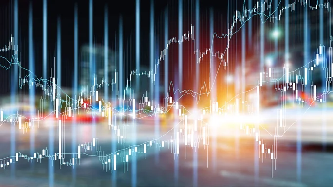 Dynamische digitale Darstellung von Börsentrends mit farbigen Kerzencharts und Liniendiagrammen – veranschaulicht Finanzmarktanalysen.