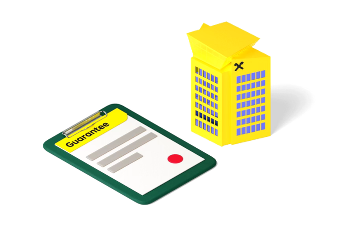 Eine Illustration, die nachhaltige Handelsfinanzierung darstellt. Sie zeigt ein grünes Klemmbrett mit der Aufschrift „Garantie“ und ein gelbes Gebäude mit dem Logo der Raiffeisen Bank. Dieses Bild betont finanzielle Stabilität und nachhaltige Geschäftspraktiken und eignet sich perfekt für Metadaten und SEO-Optimierung in Finanz- und Nachhaltigkeitsinhalten.