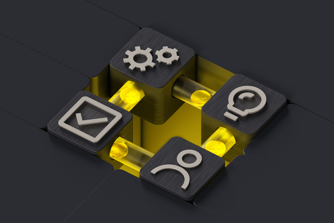 The image shows four metallic icons arranged on dark square blocks surrounding a glowing yellow center. The icons represent a check mark, gears, a person symbol, and a light bulb, suggesting concepts of tasks, settings, users, and ideas. Cylindrical yellow elements connect the blocks, creating a sense of structure and flow. The overall design is modern and minimalistic with a black and yellow color palette.