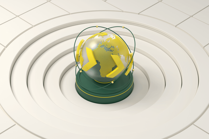 A stylized globe in yellow and green sits at the center of concentric circular platforms. The continents are rendered in a dotted pattern, with Africa prominently visible. Yellow arrows and thin orbital rings surround the globe, suggesting movement and global connectivity. The background features a minimal, tiled surface in soft neutral tones, emphasizing the modern, abstract design.