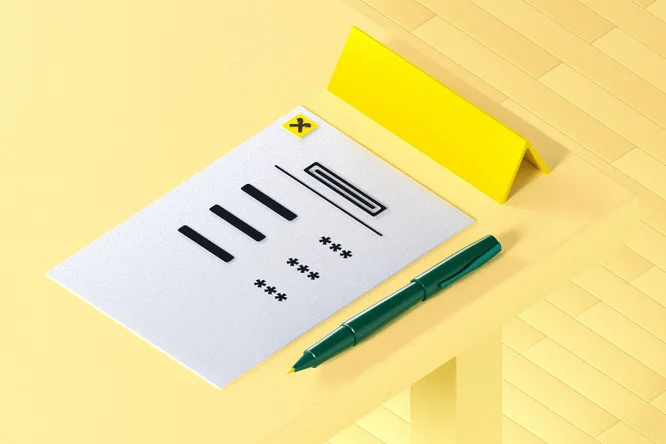 Auf einem gelben Schreibtisch liegt ein minimalistisches Bankformular mit schwarzen Feldern, einem grünen Stift und einem gelben Namensschild und steht für sichere Finanzdokumentation und Kontoeinrichtung.