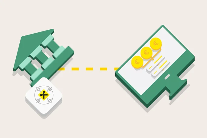 Dieses Bild stellt die Verbindung zwischen traditionellem Bankwesen und digitalem Finanzwesen dar. Es zeigt ein Banksymbol, das mit einem Computerbildschirm verknüpft ist, auf dem Euromünzen und Finanzinstrumente angezeigt werden, und symbolisiert so die Entwicklung des Geldmanagements.