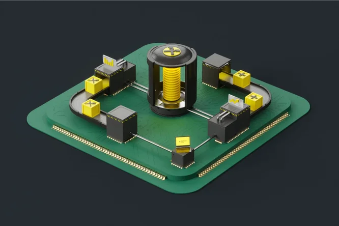 Eine 3D-Illustration einer grünen Leiterplatte mit gelben und schwarzen Blöcken, Währungssymbolen und Datendiagrammen, die digitale Finanzen und Technologie darstellen.