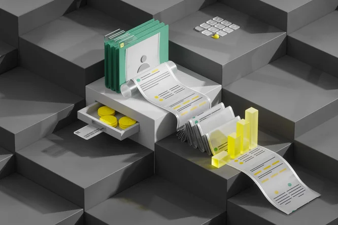 Eine kreative 3D-Illustration, die den Fluss von Finanzdaten durch automatisierte Systeme darstellt und Dateien, Münzen und Datendiagramme enthält, die ein effizientes Datenmanagement repräsentieren.