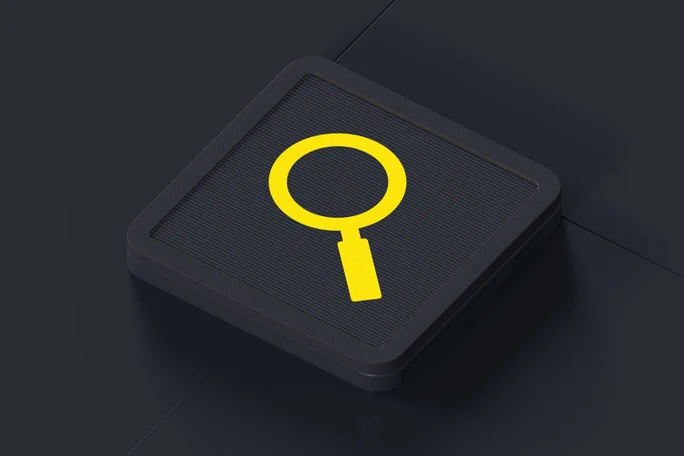 Eine hochtechnologische digitale Illustration eines Suchlupensymbols auf einem eleganten Gerät, das Online-Suche, Datenermittlung und Informationsabruf darstellt.