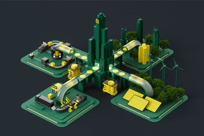 Eine futuristische Smart-City-Illustration mit vernetzten Finanzzentren, erneuerbaren Energiequellen, Fertigung und Handel, die einen effizienten Geldfluss und eine nachhaltige Stadtentwicklung symbolisiert.