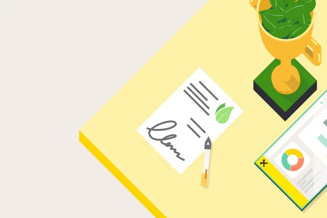 Abbildung eines unterschriebenen Dokuments mit einem grünen Blattsymbol auf einem gelben Schreibtisch. Ein Stift liegt auf dem Papier und deutet auf eine Einigung oder Vertragsunterzeichnung hin. Daneben symbolisiert eine goldene Trophäe, gefüllt mit grünen Blättern, Umwelterfolge oder Nachhaltigkeit. In einer Ecke des Computerbildschirms sind farbenfrohe Diagramme und Grafiken zu sehen, die auf Datenanalyse oder Leistungsverfolgung hindeuten.