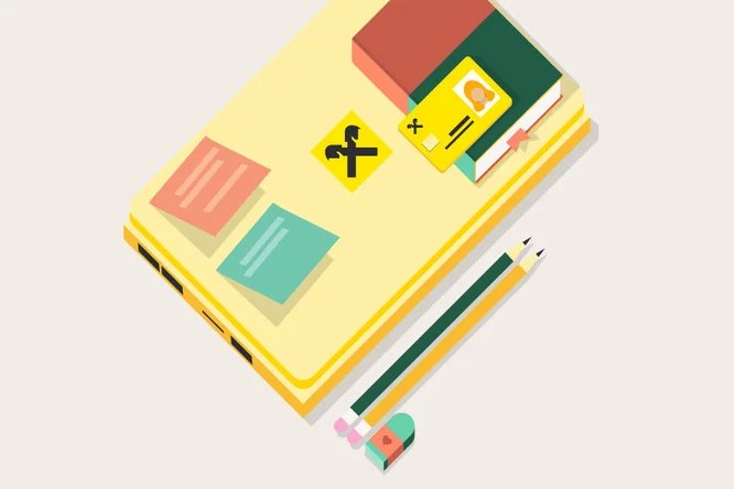 An illustration of a neatly arranged desk with notebooks, sticky notes, pencils, and an ID card, highlighting tools for efficient work and organization.