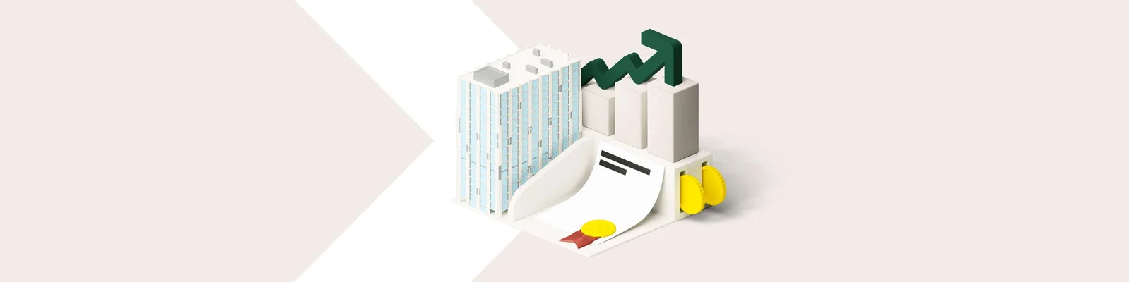 A minimalist illustration featuring abstract geometric shapes resembling industrial structures. The design includes a white and green color palette with yellow accents. Key elements include a zigzag arrow, cylindrical forms, and a clean, modern aesthetic.
