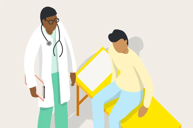 Eine Illustration, die einen Arzt zeigt, der einen Patienten in einer klinischen Umgebung berät, symbolisiert medizinische Versorgung, Vertrauen und professionelle Gesundheitsdienste.