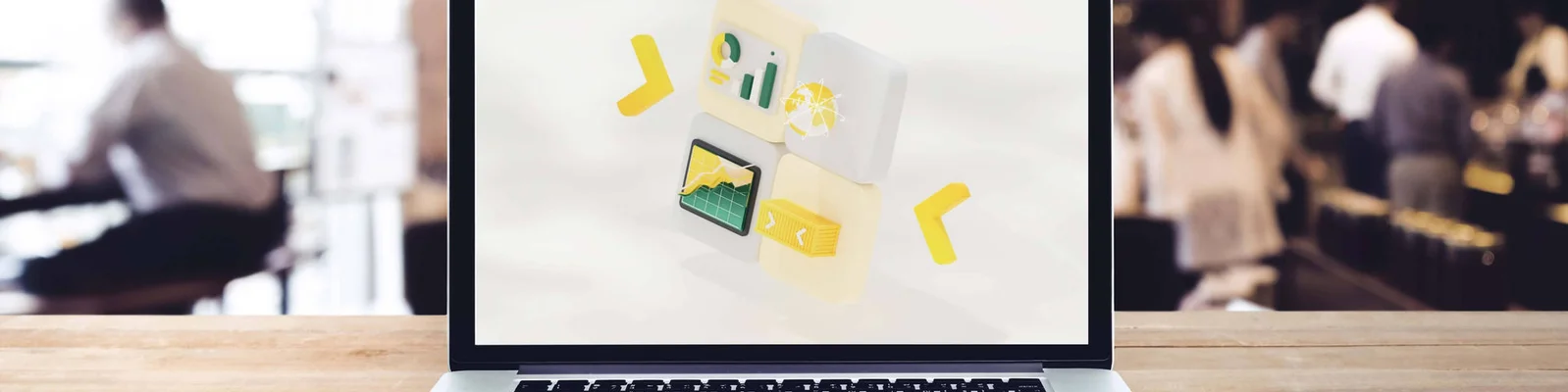 Ein Laptop zeigt ein farbenfrohes digitales Dashboard mit Grafiken und Diagrammen, in einer Café-Umgebung. Der Hintergrund ist verschwommen und zeigt Menschen, die sitzen und arbeiten.