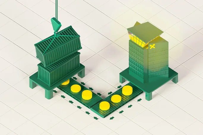 Eine Illustration zeigt grüne Frachtcontainer und ein modernes Bürogebäude, die durch ein Förderband mit Goldmünzen verbunden sind, als Symbol für den reibungslosen Warentransfer und die Finanztransaktionen im globalen Handel.