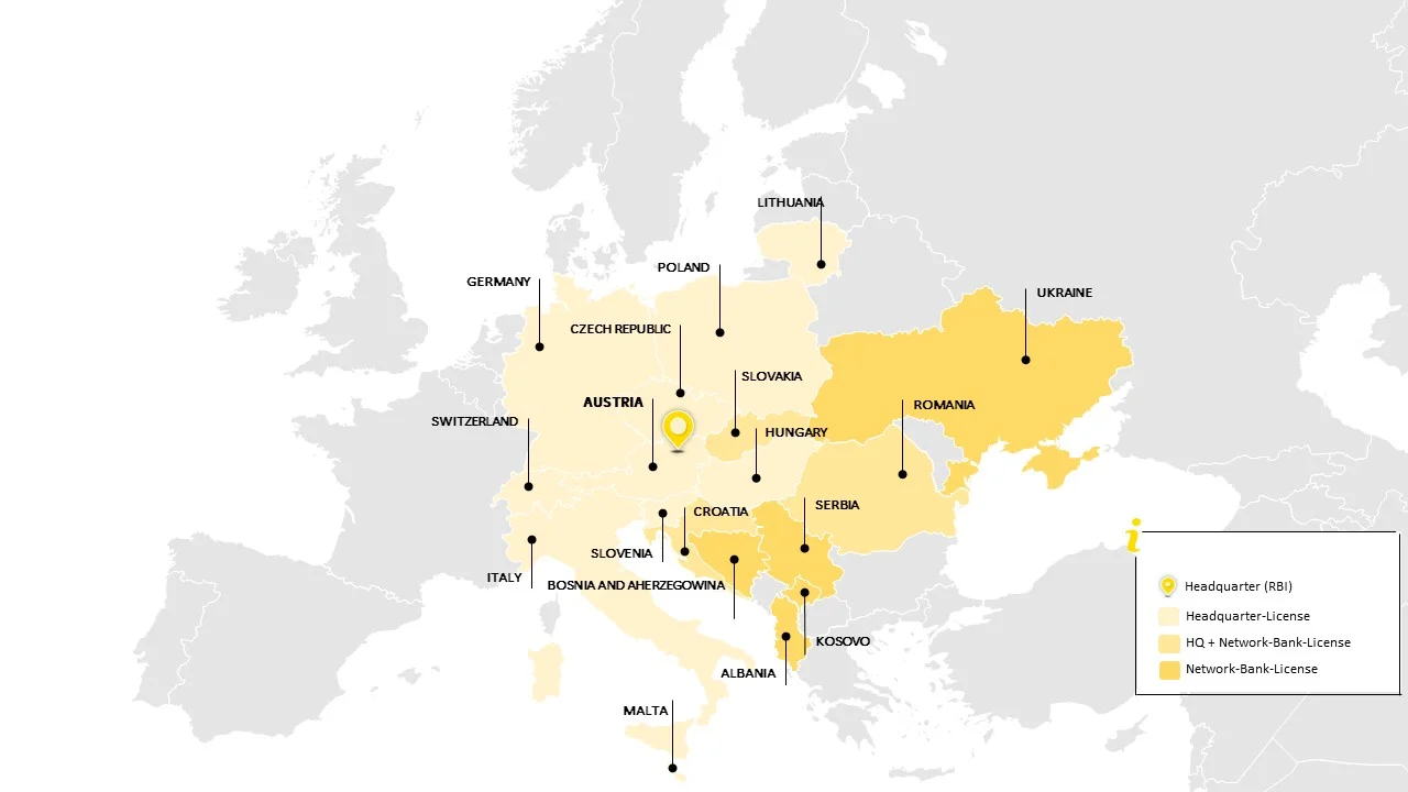 Karte mit den Standorten der RBI-Zentrale und lizenzierten Niederlassungen in europäischen Ländern.